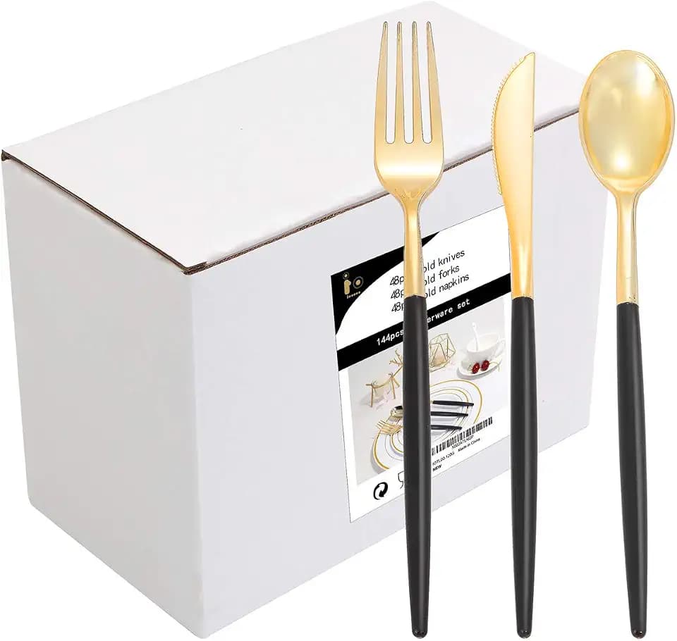 I00000 144Pcs Black Plastic Silverware Set, Gold Utensils with Black Handle