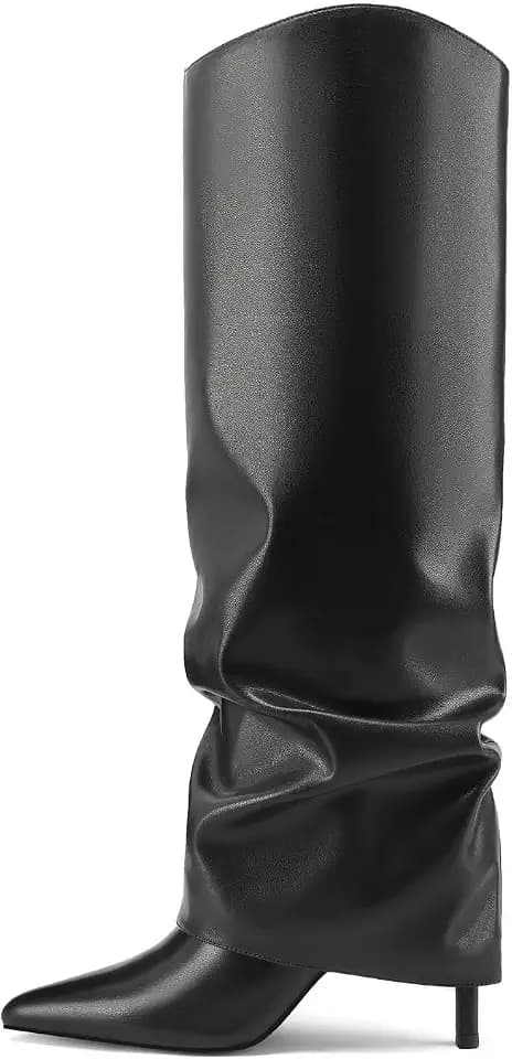 Vaslemuse Womens Fold Over Knee High Boots Pointed Toe Sexy Slouch Boots