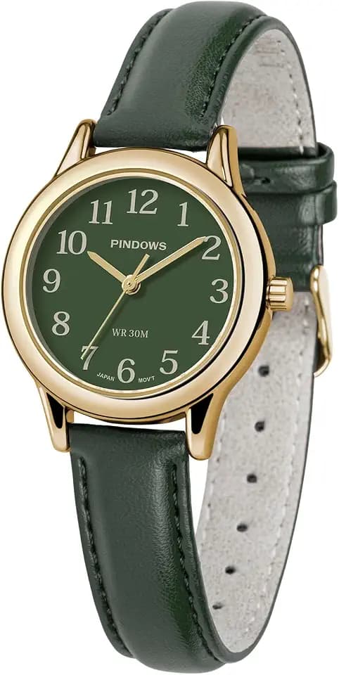 PINDOWS Analoge Armbanduhr für Damen, 32 mm, Lederarmband