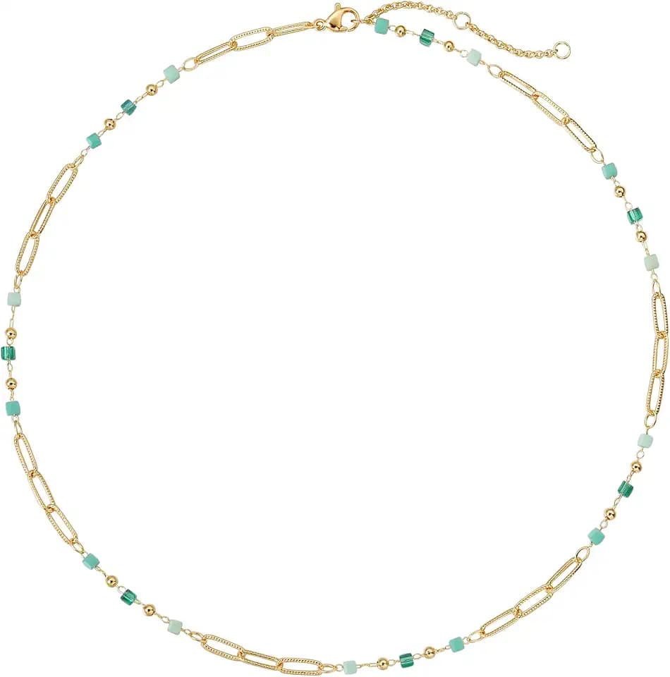 MTMY Beaded Necklaces for Women 14K Gold Plated Dainty Colorful Green/Rose Beaded Pearl Choker Necklace Delicate Boho Choker Necklace Jewelry Gift