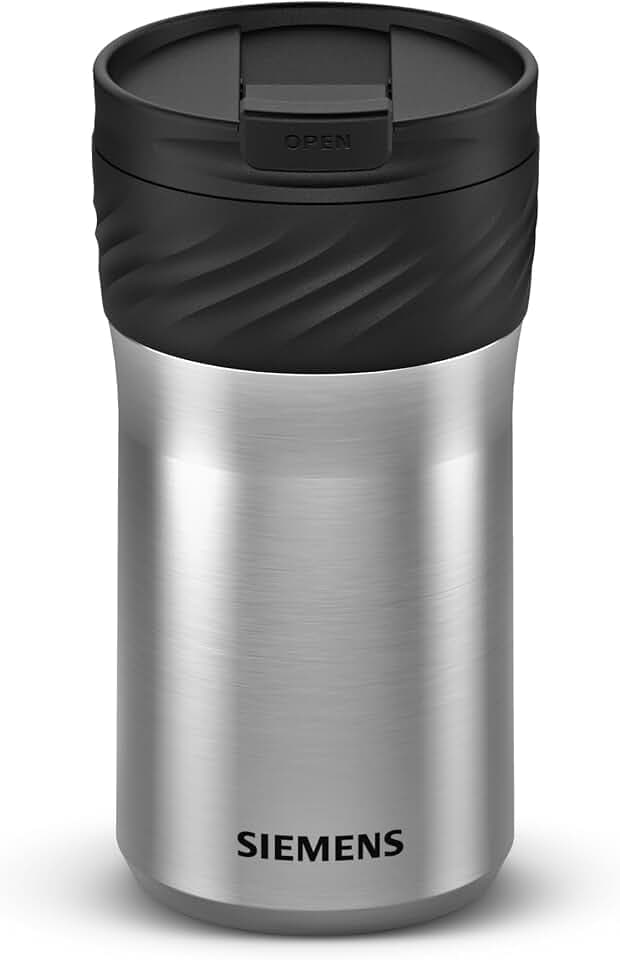 Siemens Thermobecher 480 ml, doppelt isolierter To-Go-Becher für heiße oder kalte Getränke, auslaufsicher, spülmaschinenfest, kompatibel mit der Siemens iAroma Serie, Edelstahl/Schwarz, TZ40002