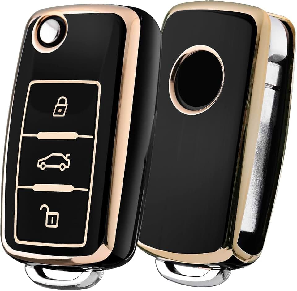 OATSBASF Autoschlüssel Hülle VW, VW Golf Schlüsselbox,Schlüsselhülle Cover für vw Polo Passat Skoda Seat 3-Tasten (Goldener Rand-Schwarz)