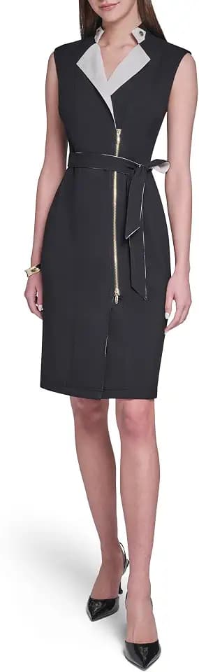 Halston Women's Cap Sleeve Zip Front Two Toned Moto Dress