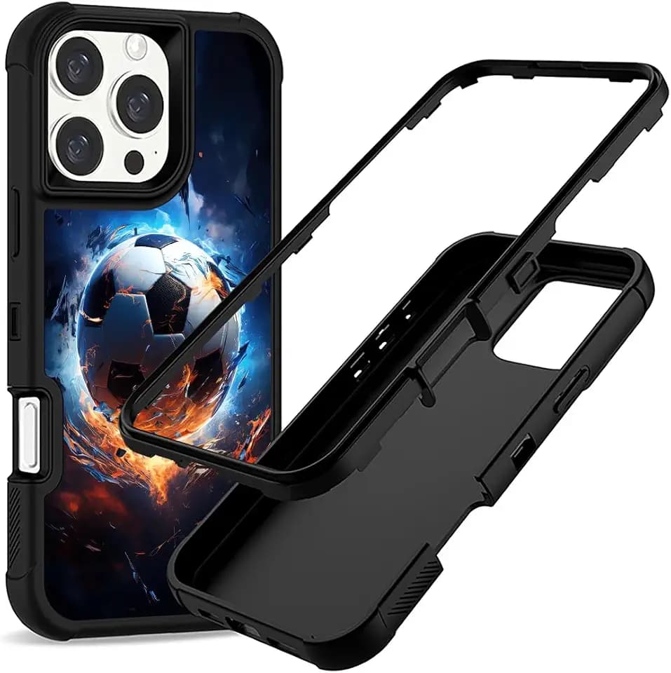 Compatible with iPhone 16 Pro Case, Heavy-Duty 3-in-1 Full-Body Rugged with Soft Rubber Bumper Shockproof Protective Cover for Men Boys Kids Teen - Water Fire Football 009