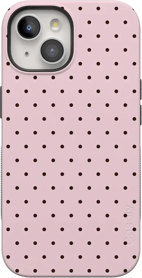 Casely iPhone 15 Case | On the Dot | Pink & Brown Polka Dot | Bold Protective Design | Compatible with MagSafe