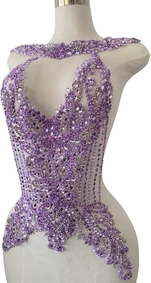 Large Size handsewing Rhinestones Bodice Applique sew on Crystal Beads Sequins Trim Patches Wedding Dress Decoration Accessories 13X16X22in (Lightpurple)