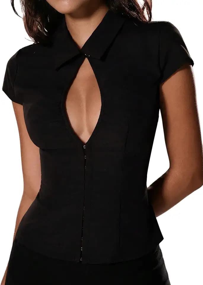 WDIRARA Women's Cut Out Ruched Cap Sleeve Collared Sexy Fitted Top Leisure