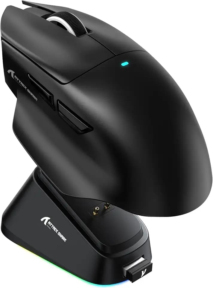 ATTACK SHARK V6 Wireless Gaming Mouse with RGB Charging Dock, 25K DPI PAW3311 Sensor, 1K Polling Tri-Mode PC Mice,500mAh Battery Cloud-Based AI Driver for Win/Mac,Black
