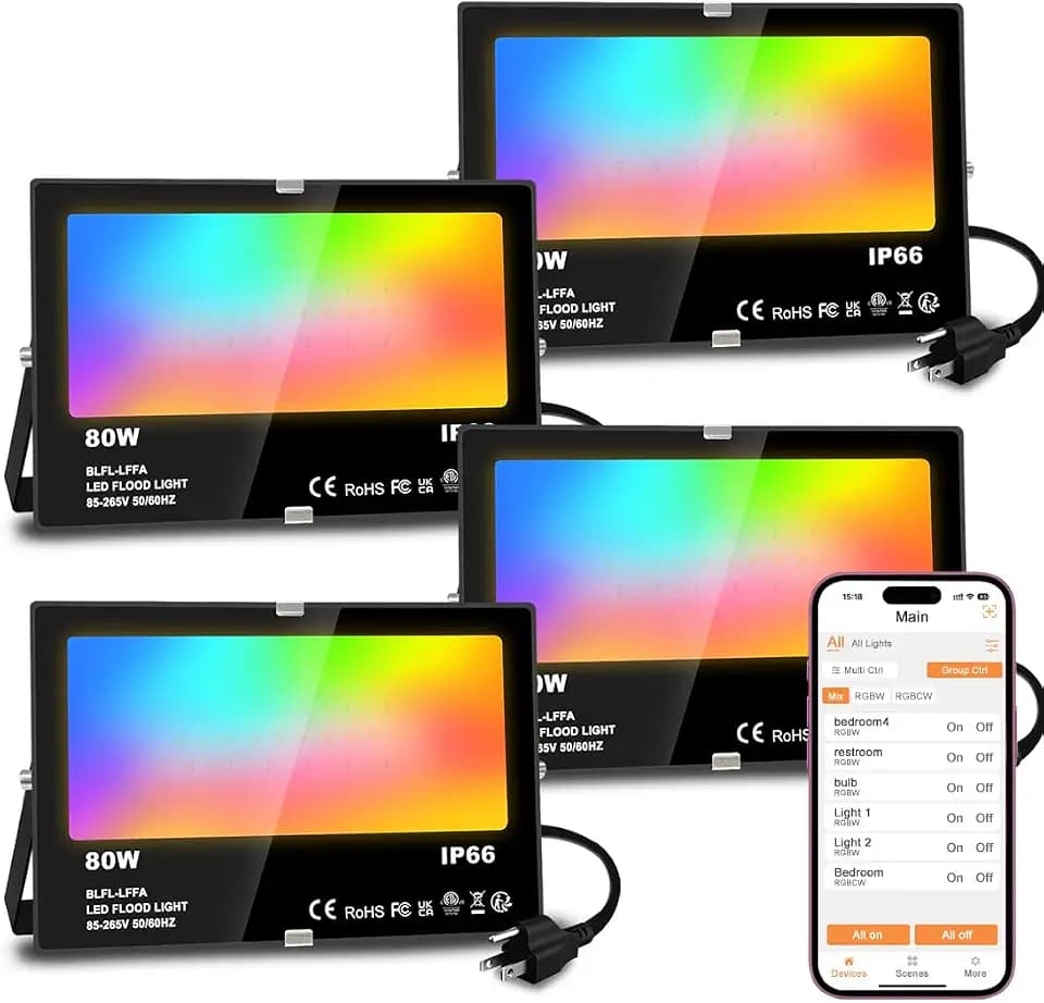 MELPO LED Flood Light Outdoor, 80W Equivalent 8000LM Smart RGB Landscape Lighting with APP Control, DIY Scenes - Timing - 5700K Daylight White -Color Changing Uplight, IP66 US Plug (4 Pack)