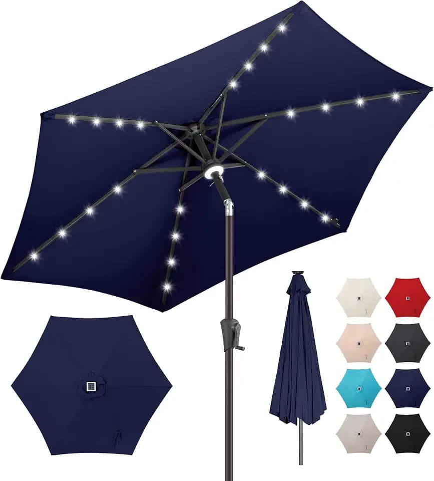 10 ft Solar Patio Umbrella Outdoor with Centre Light, Navy Blue