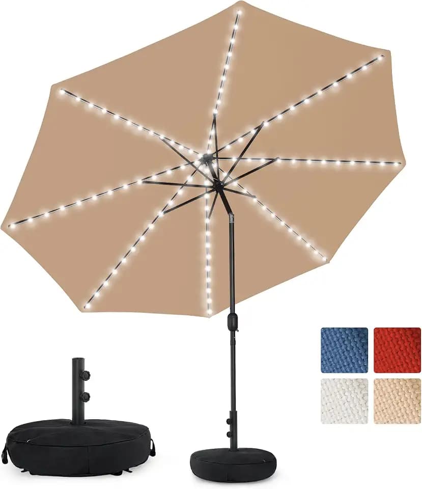 Sundale Outdoor Olefin 104 LED 11 FT Solar Patio Umbrella with Base, Tan