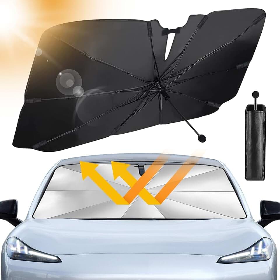 Auto Sonnenschutz Frontscheibe mit 360° drehbarer Griff | Carbonfaser-Skelett | Effektiver UV-Schutz & Wärmeisolierung | Universal für die meisten Fahrzeuge, 125x65cm
