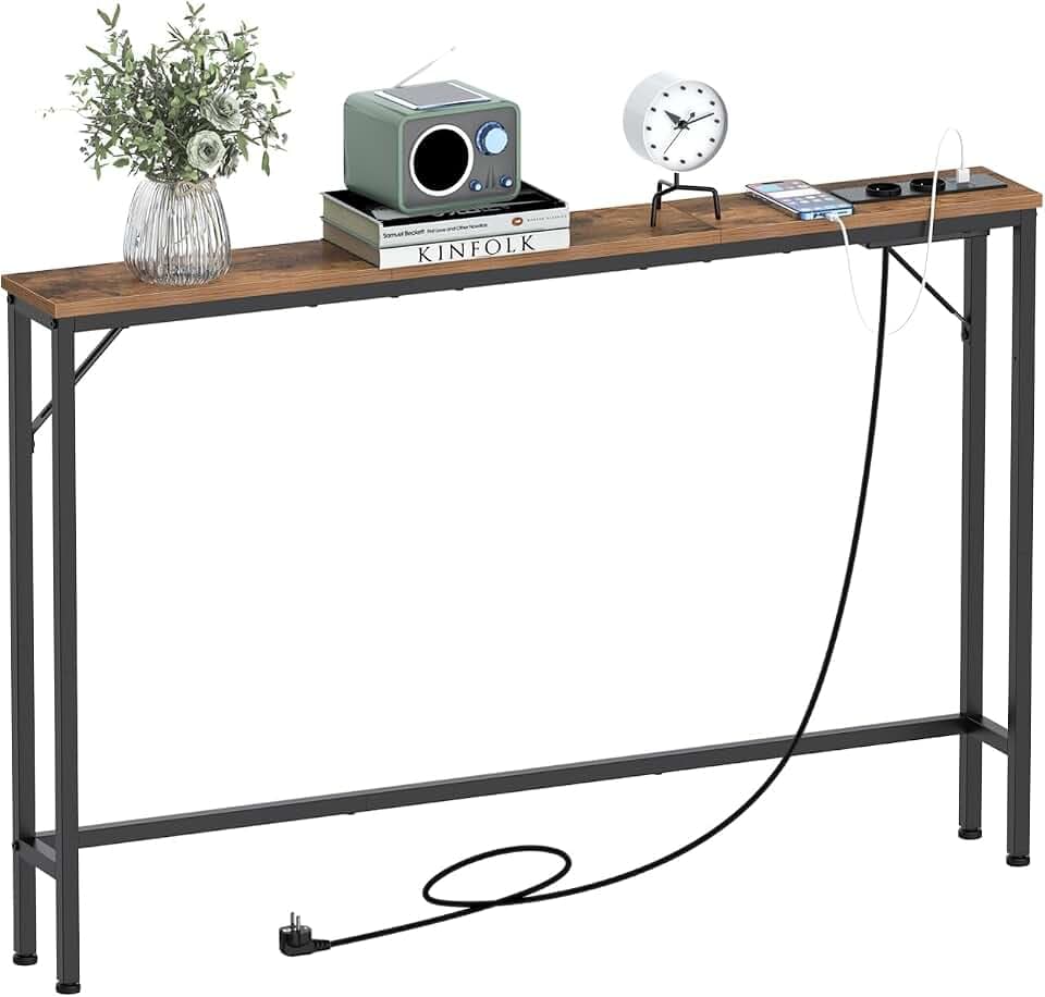VEDECASA 5,9" Slim Konsolentisch mit Ladestation Industrie-Design Beistelltisch moderner Sofatisch mit stabiles Stahlgestell für Wohnzimmer Flur Büro (Vintage Braun, 120T x 15B x 80H cm)