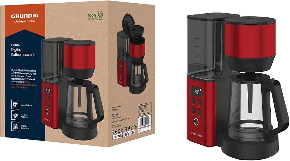 GRUNDIG - KM 8440 Filter-Kaffeemaschine - 1,25 Liter Kapazität für 12 Tassen - 1000 Watt Leistung Timer-Programm Warmhaltefunktion Tropfschutz-System - Robustes Design - Rot