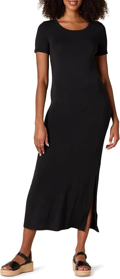 Amazon Essentials Women's Jersey Standard-Fit Short-Sleeve Crewneck Side Slit Maxi Dress