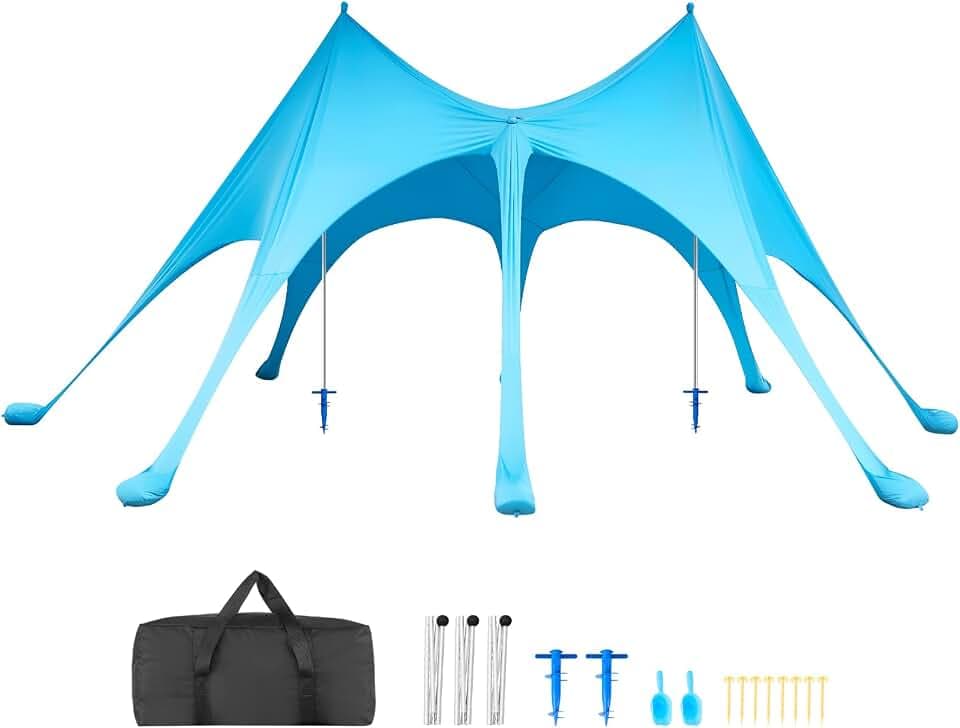 VEVOR Beach Tent Sun Shelter, UPF50+ Sun Protection, Easy Pop Up Beach Canopy with Sandbags, Stability Poles, Sand Shovels, Portable Shade for Family Outings, Camping, Fishing