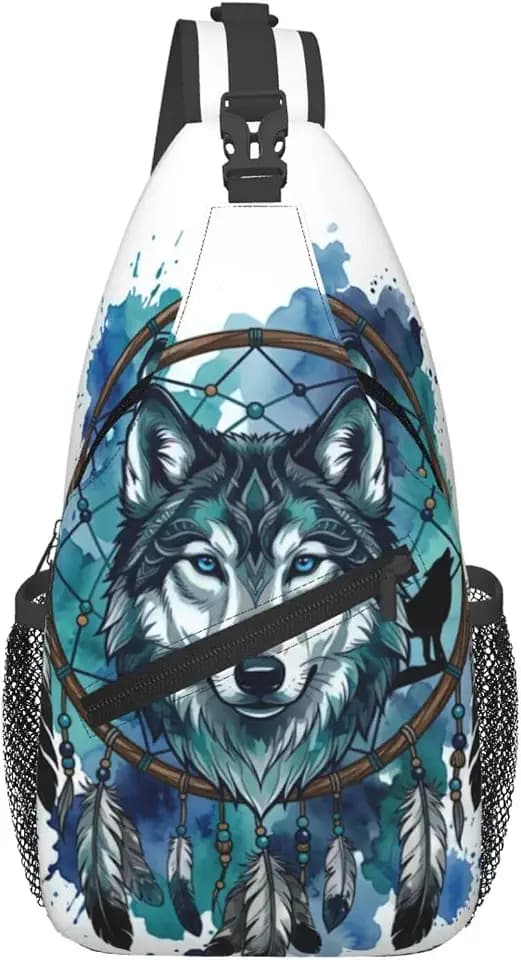 Native Wolf And Deam Catcher Sling Bag For Women Men Fashion Wolf Print Backpack Crossbody Shoulder Bag Sling Backpack Chest Bag Travel Hiking Casual Sport Daypack