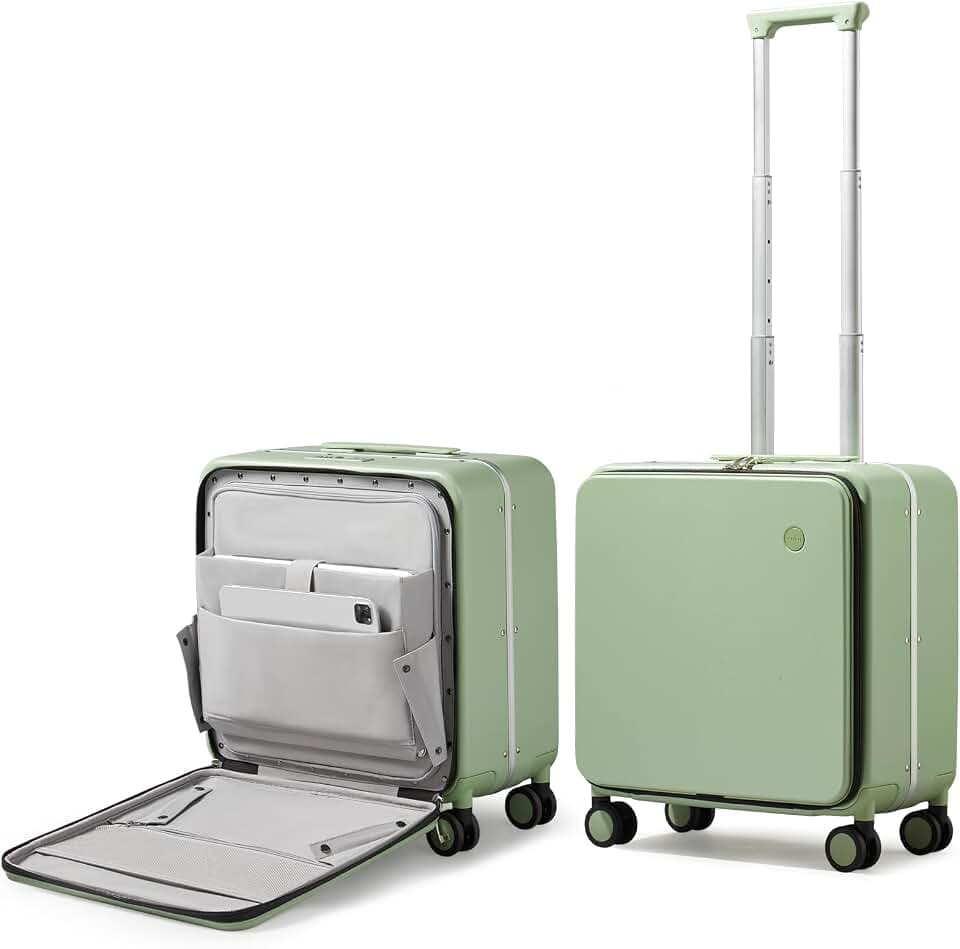 mixi Carry On Luggage, 18” Suitcase with Front Pocket, Travel Luggage Aluminum Frame PC Hardside with Spinner Wheels & TSA Lock and Cover (Not for Underseat), Avocado Green