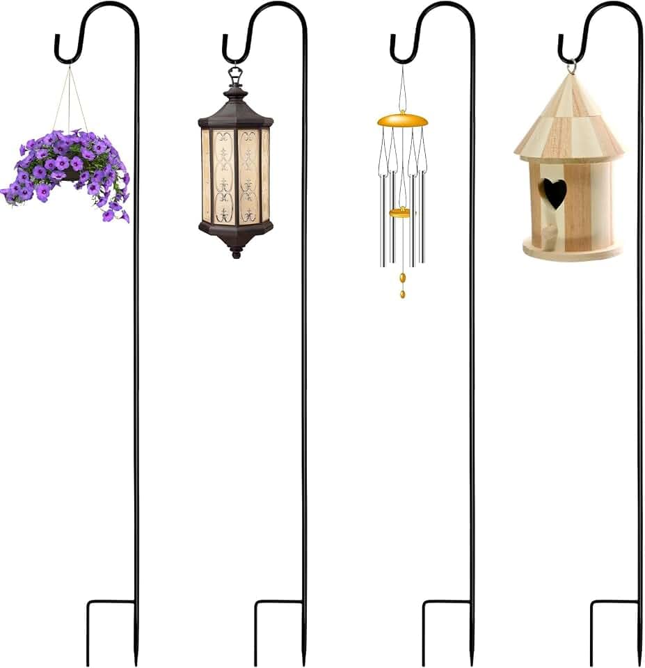4 Stücke Schäferstab Garten, 100cm Metall Gartenstab mit Haken, Höhenverstellbar Hirtenstab, Schäferhaken Garten Klein Rostbeständig, Outdoor Abnehmbarer Hirtenstab, Schäferhaken für Pflanzen VögeL