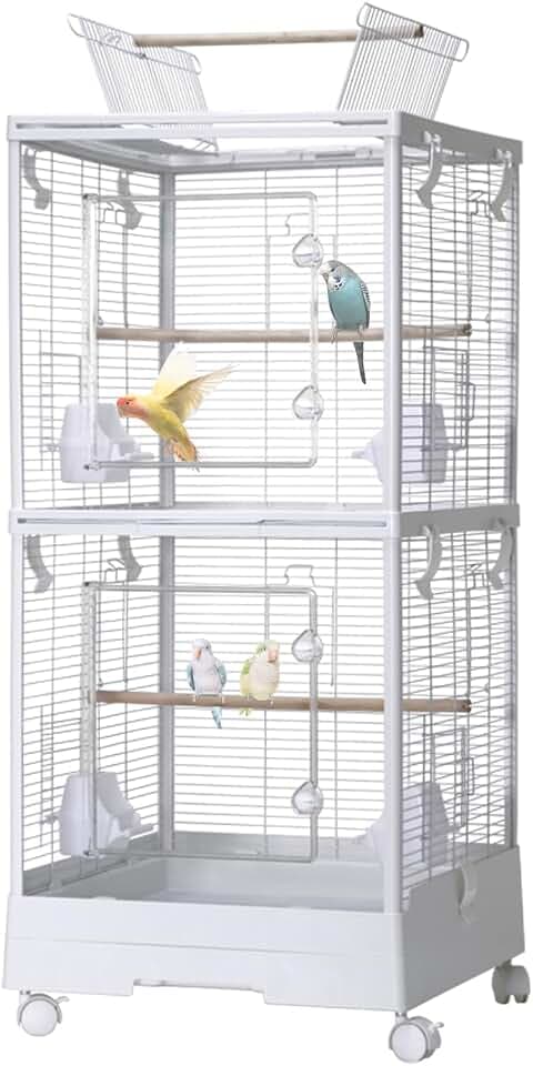 Groß Vogelvoliere 100x46x46cm, 2 Etagen Abnehmbar Vogelkäfig, Rollen Vogelkäfig Metall Vogelvoliere mit Abnehmbarem Tablett, Futtertrögen, Leicht zu Reinigendem Außenvoliere Zuchtkäfig, Weiß