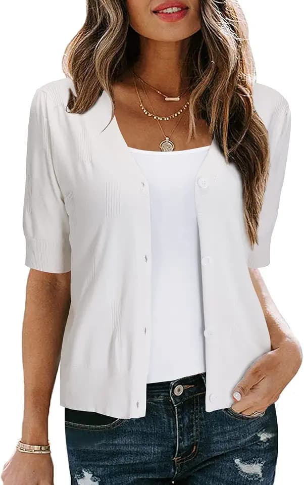 Arach&Cloz Women's Lightweight Spring Summer Business Casual Cropped Short Sleeve Cardigan