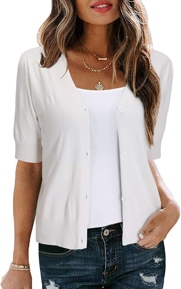 Arach&Cloz Women's Lightweight Spring Summer Business Casual Cropped Short Sleeve Cardigan