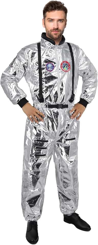 Astronaut Kostüm Herren Damen Weltraum Kostüm Set Faschings Karneval Erwachsener Unisex Silber Astronaut Kostüm Gesamt Geburtstag Cosplay Themenparty Outfit