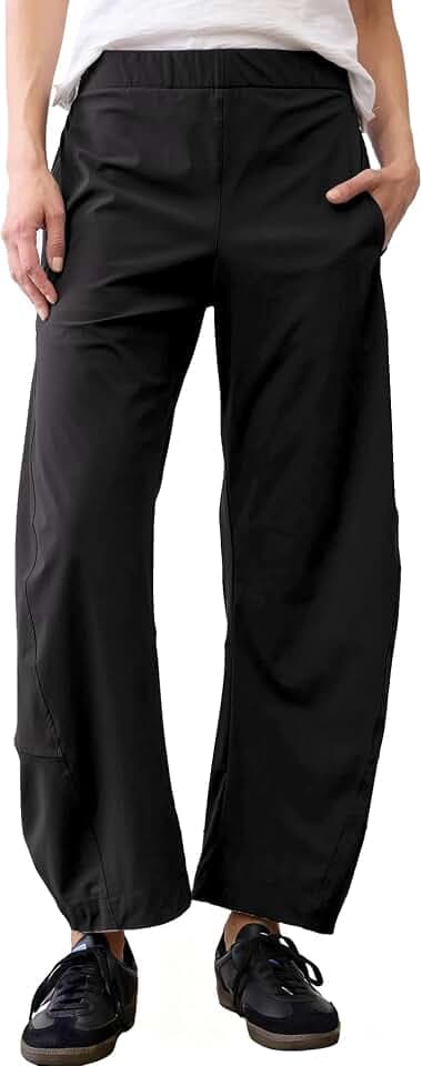 SeeLuNa Women Barrel Travel Pants Elastic Waistband Tapered Leg Baggy Mid Rise Work Trousers Lounge Pant with Pockets