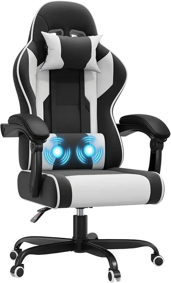 JUMMICO Gaming Stuhl mit Massagefunktion & 135° Rückenlehne, Ergonomischer Bürostuhl für Gaming und Homeoffice, Gaming Bürostuhl Belastbar bis 150 kg, Weiß