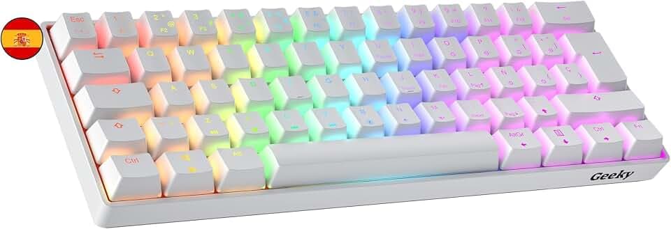 Geeky GK61 60% | Hot Swappable Mechanische Gaming-Tastatur | 62 Tasten Multi Color RGB LED Hintergrundbeleuchtung für PC/Mac Gamer| ISO ES Spanisches Layout (Weiß, Mechanical Brown)