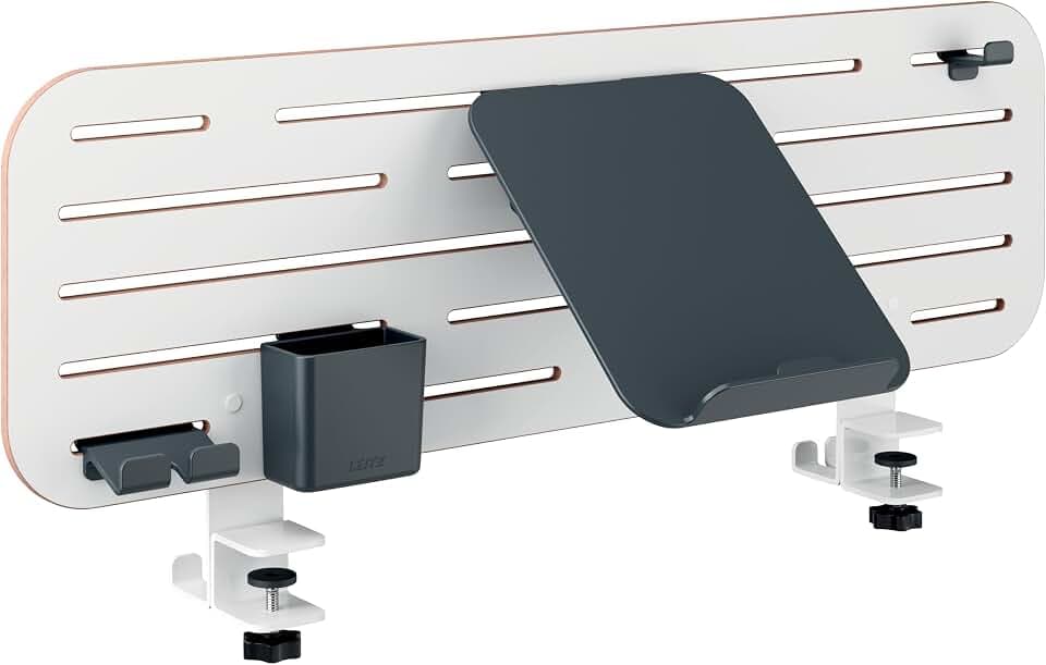 Leitz Ergo Pegboard Schreibtisch-Organizer mit Laptop-Halterung & Zubehör, Hochwertige Stecktafel kompatibel mit Tischdicke bis 35mm, breite Hängeschlitze, Klemmbefestigung, 80 x 25 cm, Weiß, 65490000
