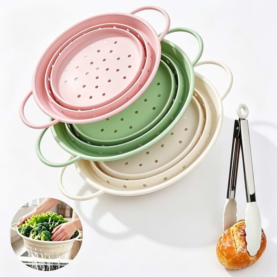 Collapsible Silicone Colander Set of 3, Tongs Included