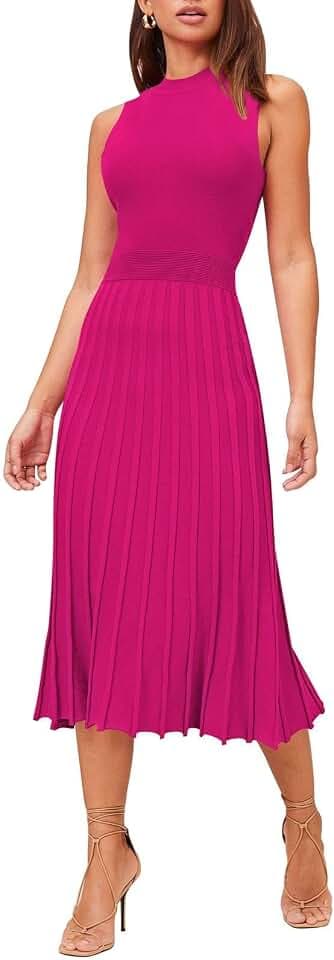 Pink Queen Women's Elegant Sleeveless Pleated A Line Midi Sweater Dresses