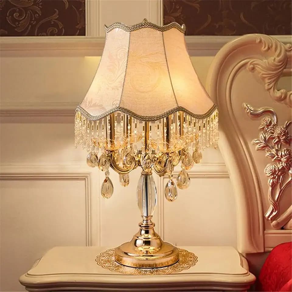 Romantic Pastoral Fabric Night Table Lamp Classic Desk lamp 4 Heads Bedside Nightstand Lighting in Gold with Crystal Accent