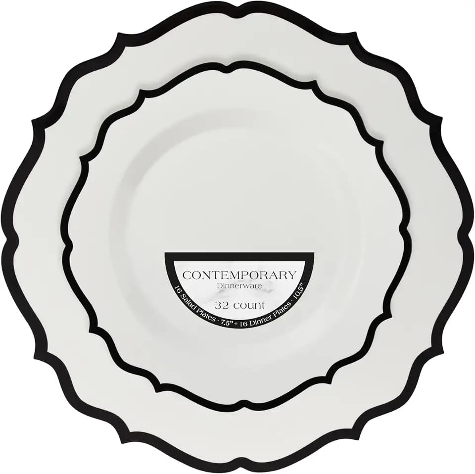 PLASTICPRO 128 Pack Elegant Disposable Plastic Plates Combo Set Bulk Pack Includes 64 Dinner Plates and 64 Salad Plates Heavy Duty Fancy Party Plates White with Black Contemporary Design