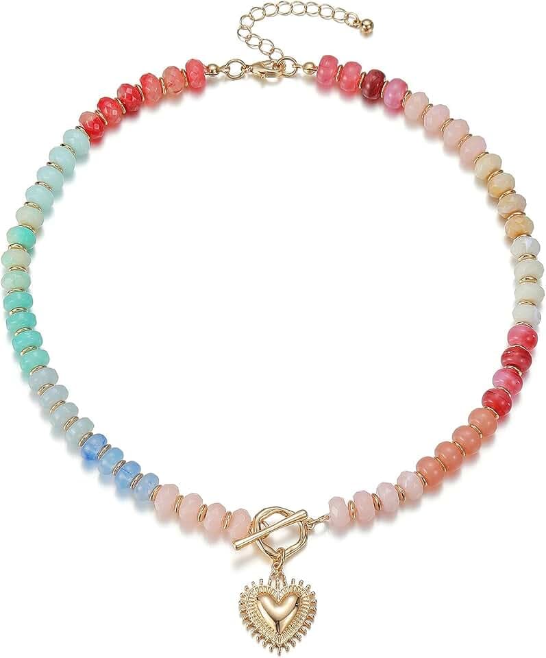 Chunky Colorful Beaded Necklaces for Women with Heart Charm
