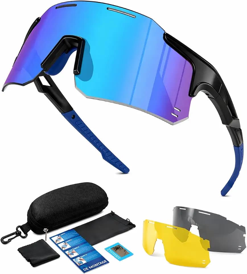 Schnelle Brille Herren Winddicht Sport Sonnenbrille Damen-UV400 Schutz Fahrradbrille Ultraleicht Randlos Sportbrille mit 3 Austauschbare Linse für Radfahren MTB Angeln Fahrrad Laufen