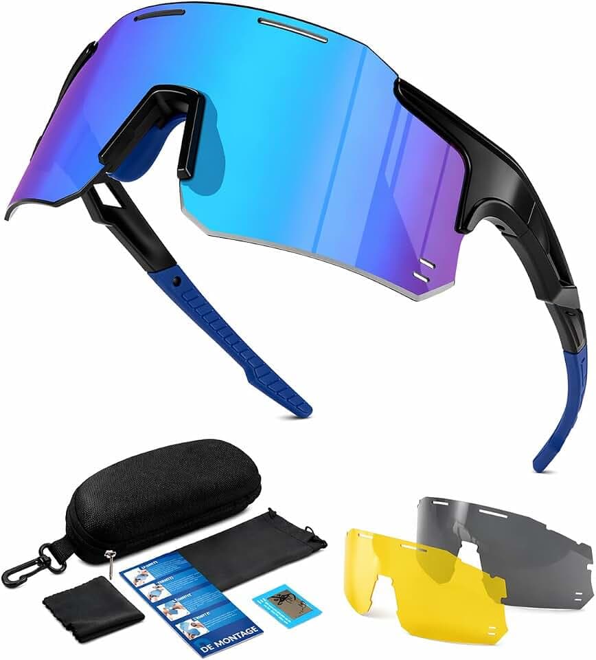 Schnelle Brille Herren Winddicht Sport Sonnenbrille Damen-UV400 Schutz Fahrradbrille Ultraleicht Randlos Sportbrille mit 3 Austauschbare Linse für Radfahren MTB Angeln Fahrrad Laufen