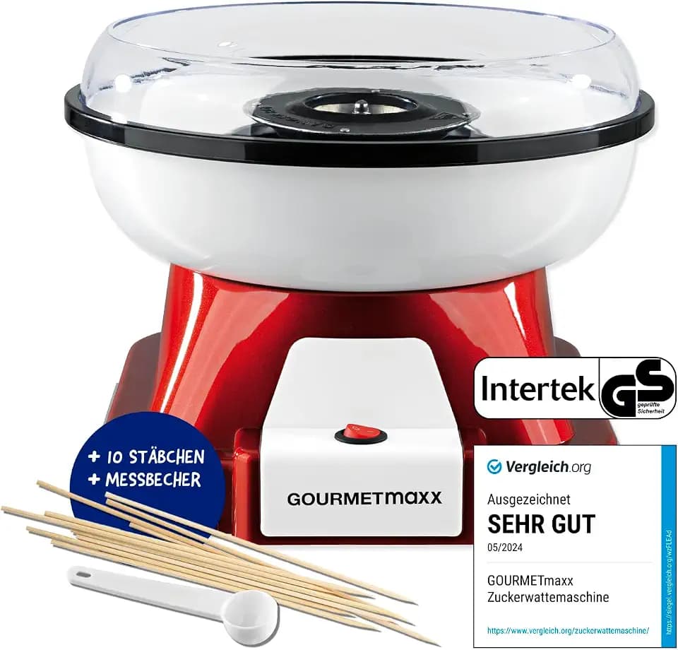GOURMETmaxx Zuckerwattemaschine für Zuhause mit Zubehör | Retro Cotton Candy Machine Nostalgie mit Zuckerwatte-Stäbchen und Mess-Löffel | Zuckerwatte für Kinder Party [Rot Weiß]