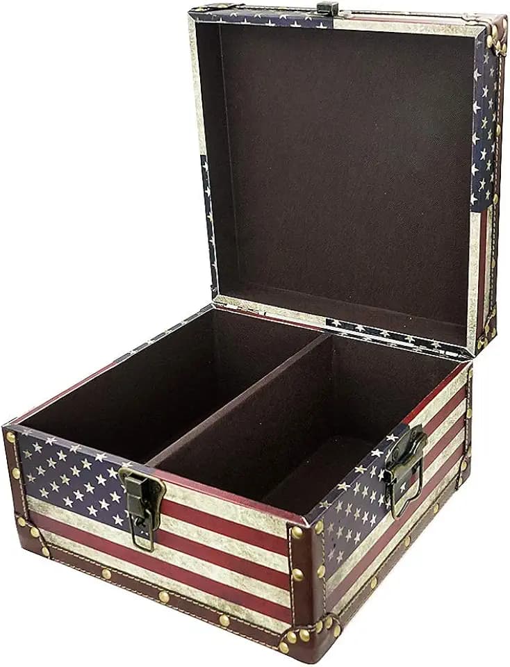 DreamsEden Large Wooden Decorative Storage Trunk - Vintage American Flag Memory Treasure Chest Box with 2 Compartments, 13.8" x 11.8" x 6.7"