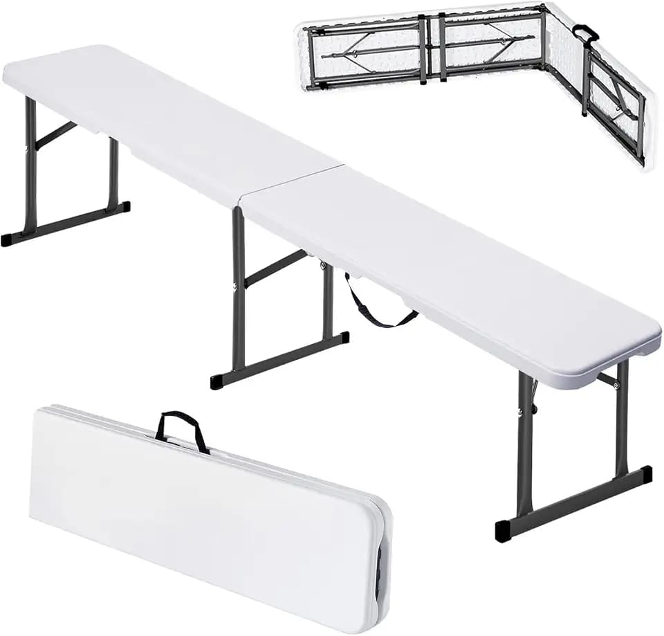 VEVOR Plastic Folding Bench, 6ft Portable Folding Bench, Smooth High Density Polyethylene Waterproof Outdoor Bench, Picnic Camping Table with Handle for Garden Soccer Playtime, White (1 Pack)