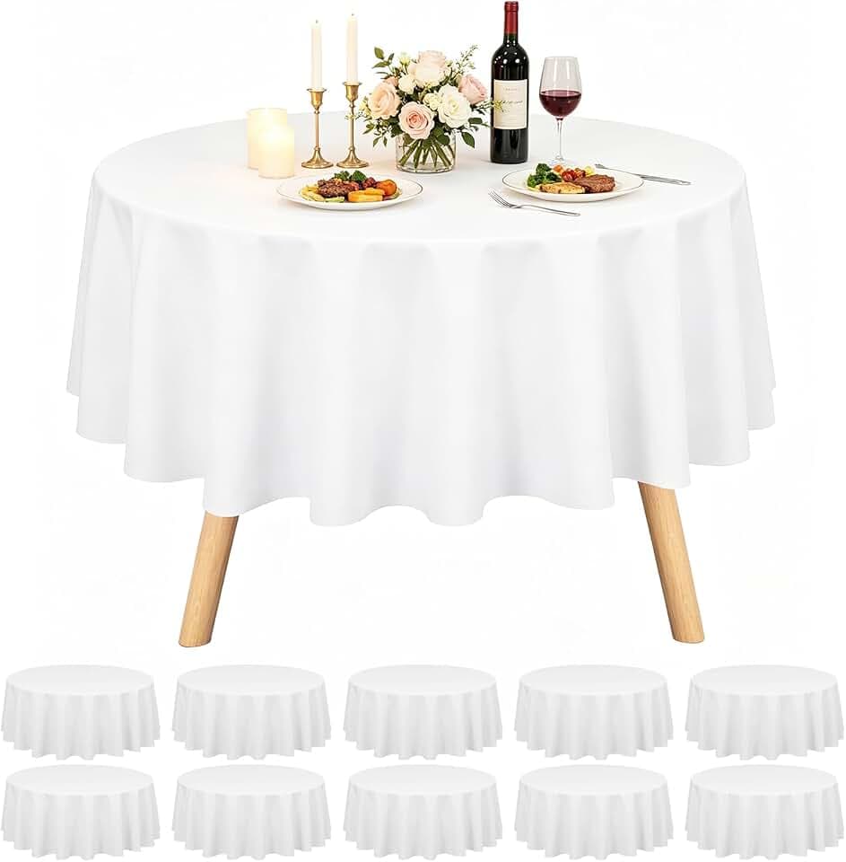 CEWROM 10 Stück Runde Tischdecke 213 cm Weiß, wasserdichte PEVA Tischdecke Outdoor, Abwaschbar Reißfest Schutztischdecke für Garten, Hochzeit, Party, Bankett, Restaurant
