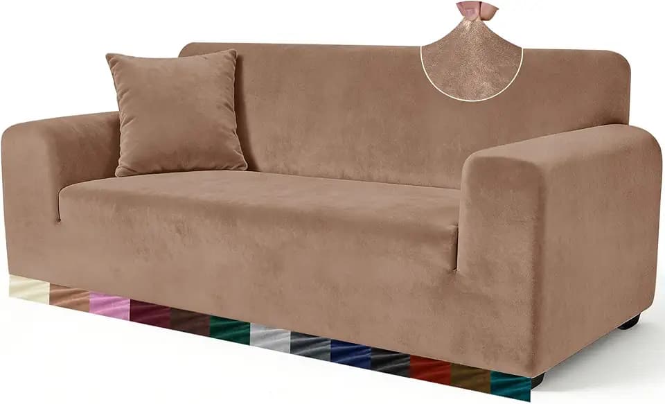 Yeahmart Dicke Sofabezüge, 1/2/3/4-Sitzer, reine Farbe, Sofaschoner, Samt, einfache Passform, elastischer Stoff, Stretch-Couch-Schonbezug (Khaki, 3-Sitzer, 195–230 cm)