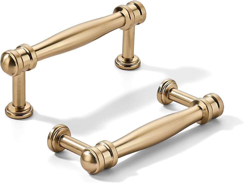 khtumeware 2 Pack 3inch(76mm) Hole Center Brushed Brass Cabinet pulls Satin Brass Solid Heavy-Duty Tradition Kitchen Cabinet Handle Cabinet Hardware for Dressing Table Bathroom Pull