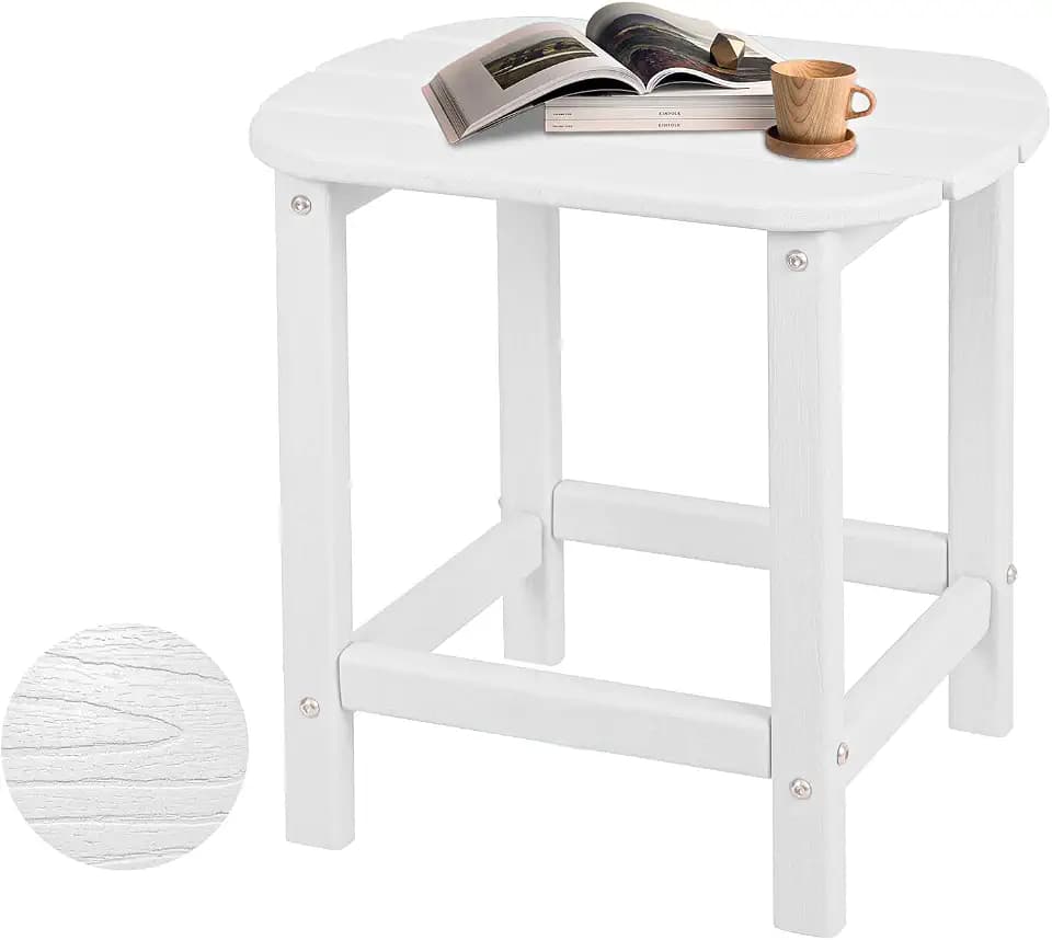 Plawdlik Hdpe Outdoor Adirondack Side Table, Wooden Textured, White