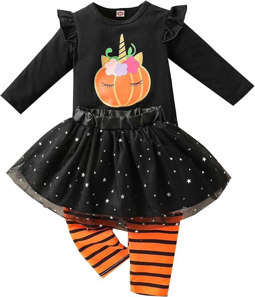 Verve Jelly Baby Mädchen Halloween Kleidung Rüschen Langarm Kürbis Tops Tüll Tutu Rock Gestreifte Lange Hosen Kleinkind Kinder Herbst Winter Outfits 3Pcs Kleidung Set