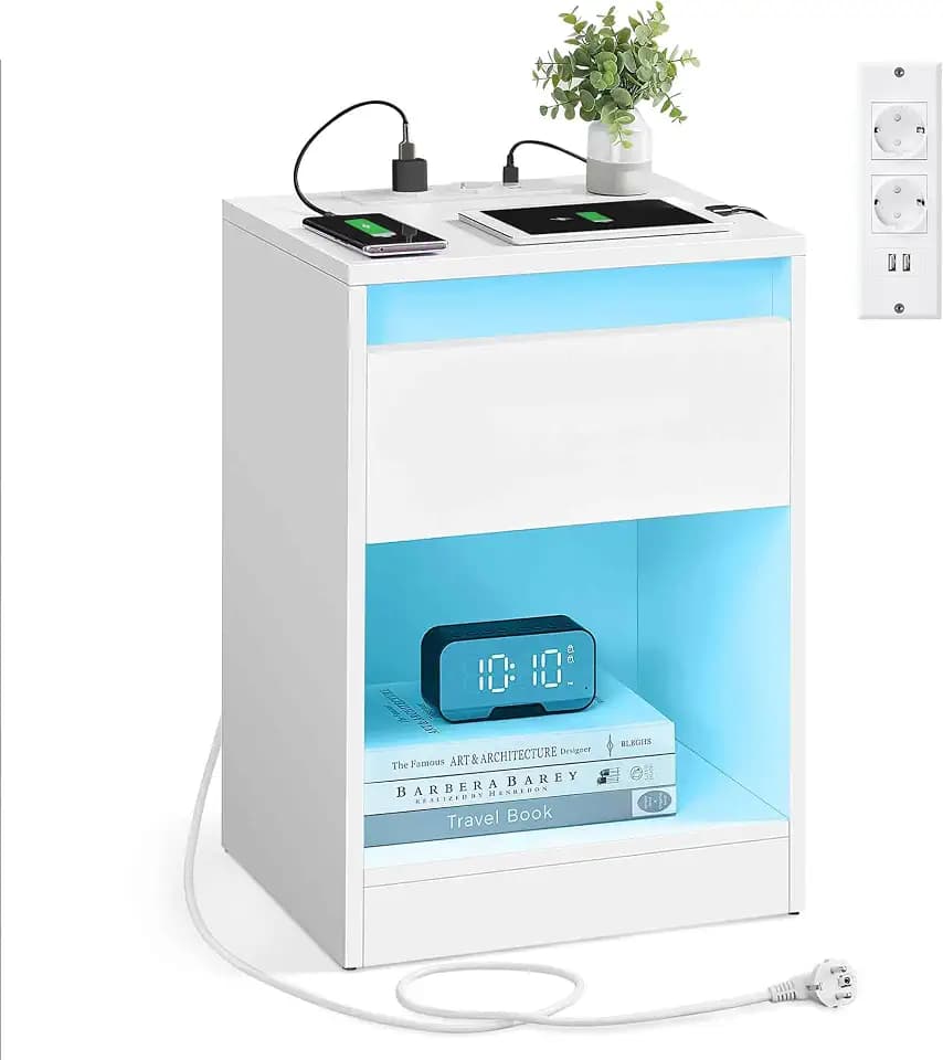 VASAGLE Nachttisch mit LED-Beleuchtung, 2 AC-Steckdosen, 2 USB-Anschlüsse