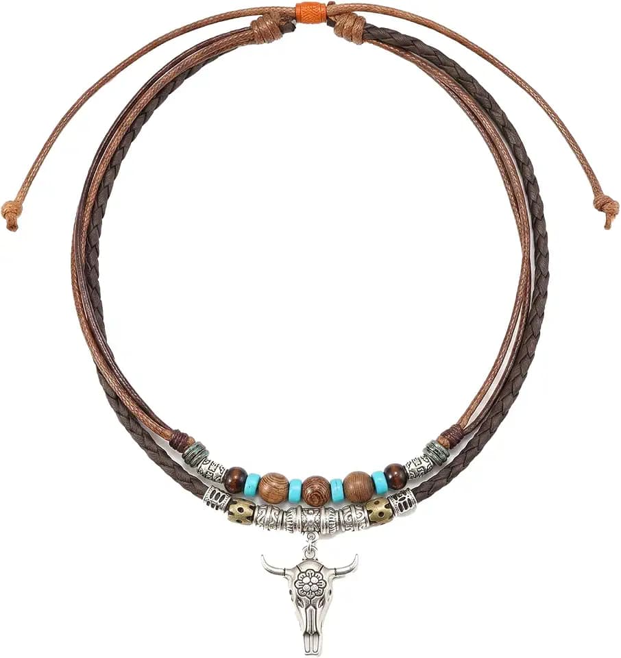 Boho Necklace for Women,Vintage Butterfly Pendant Necklaces,Adjustable Wooden Beads Layered Braided Choker,Fashion Tribal Style Leather Rope Necklace Jewelry,Chunky Statement Gift for Women