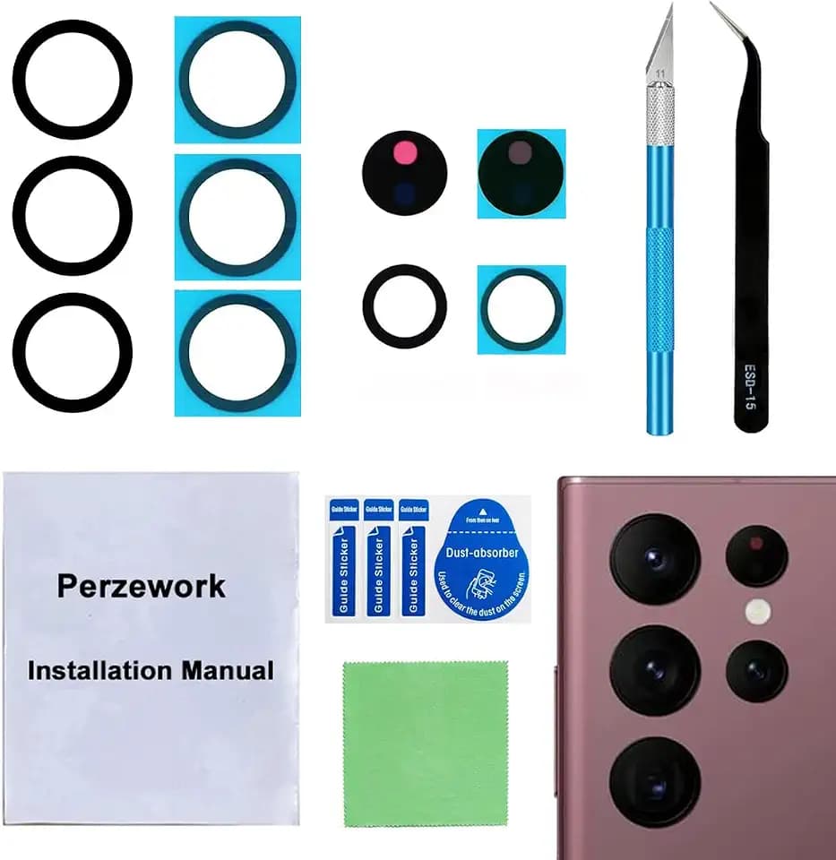 2 Sets Back Rear Camera Lens Glass Replacement for Samsung Galaxy S22 Ultra with pre-Installed Adhesive and Reparing Toolkit