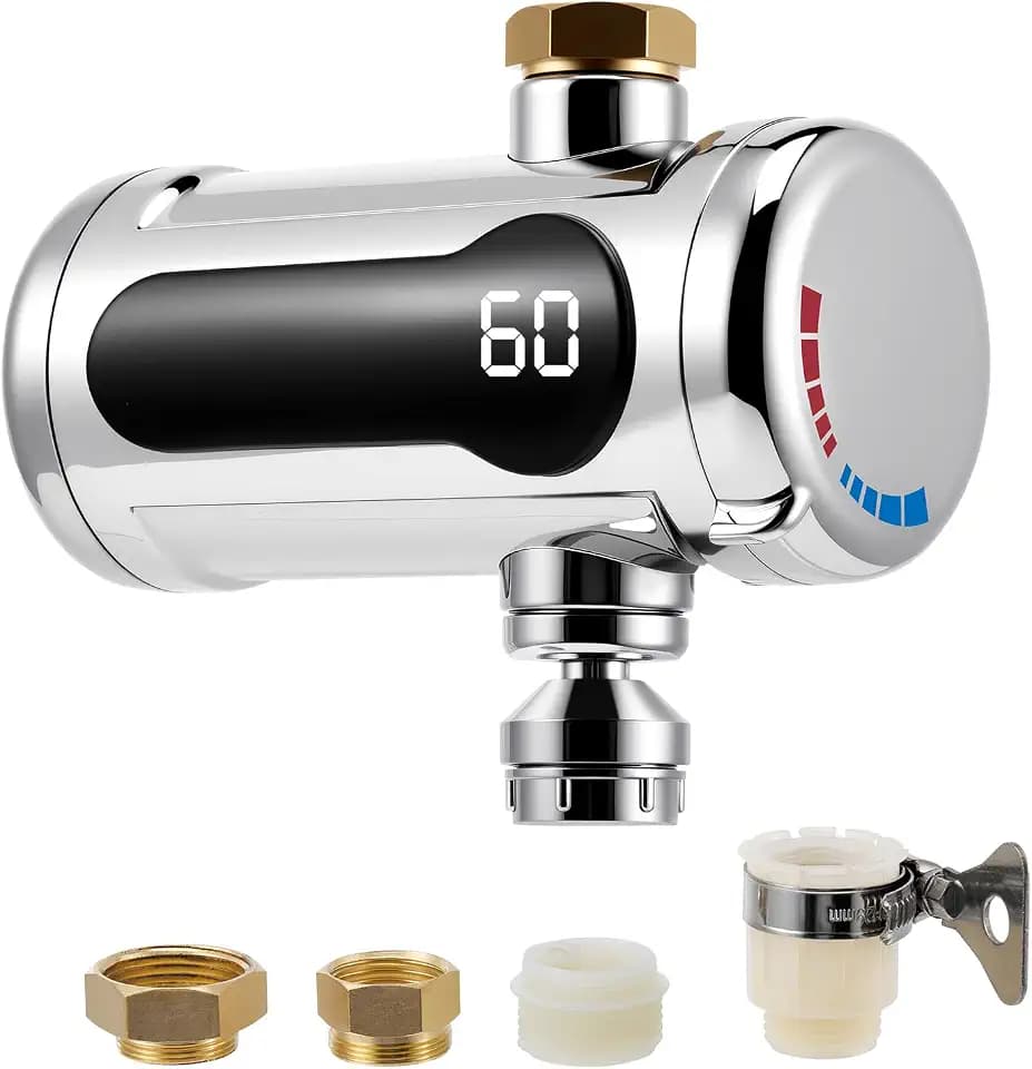 Elektrischer Durchlauferhitzer für Wasserhahn - 3000W, Sofort Warmwasser, LED-Temperaturdisplay, IPX4, Inkl. Adapter für Küche, Bad, Garten & Wohnwagen (230V) (Style A)